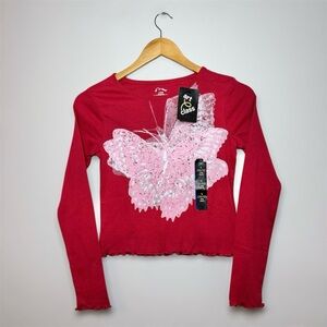 New Art Class Red Long Sleeve Top with Pink Butterfly Design Large (10/12)